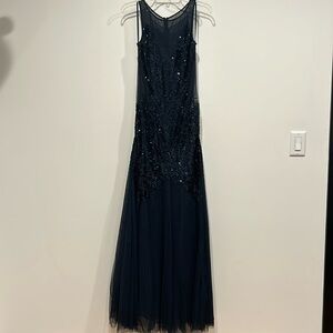BASIX Black Label Navy Blue Sequin Sheer panel maxi down women’s size 6